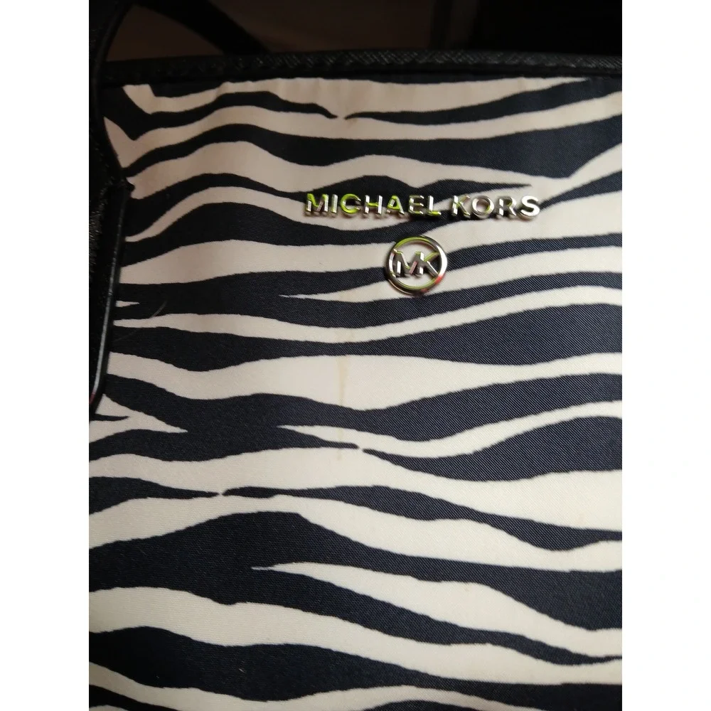 Michael Kors Zebra Print Small Tote Bag Black Cream Canvas Leather Purse
